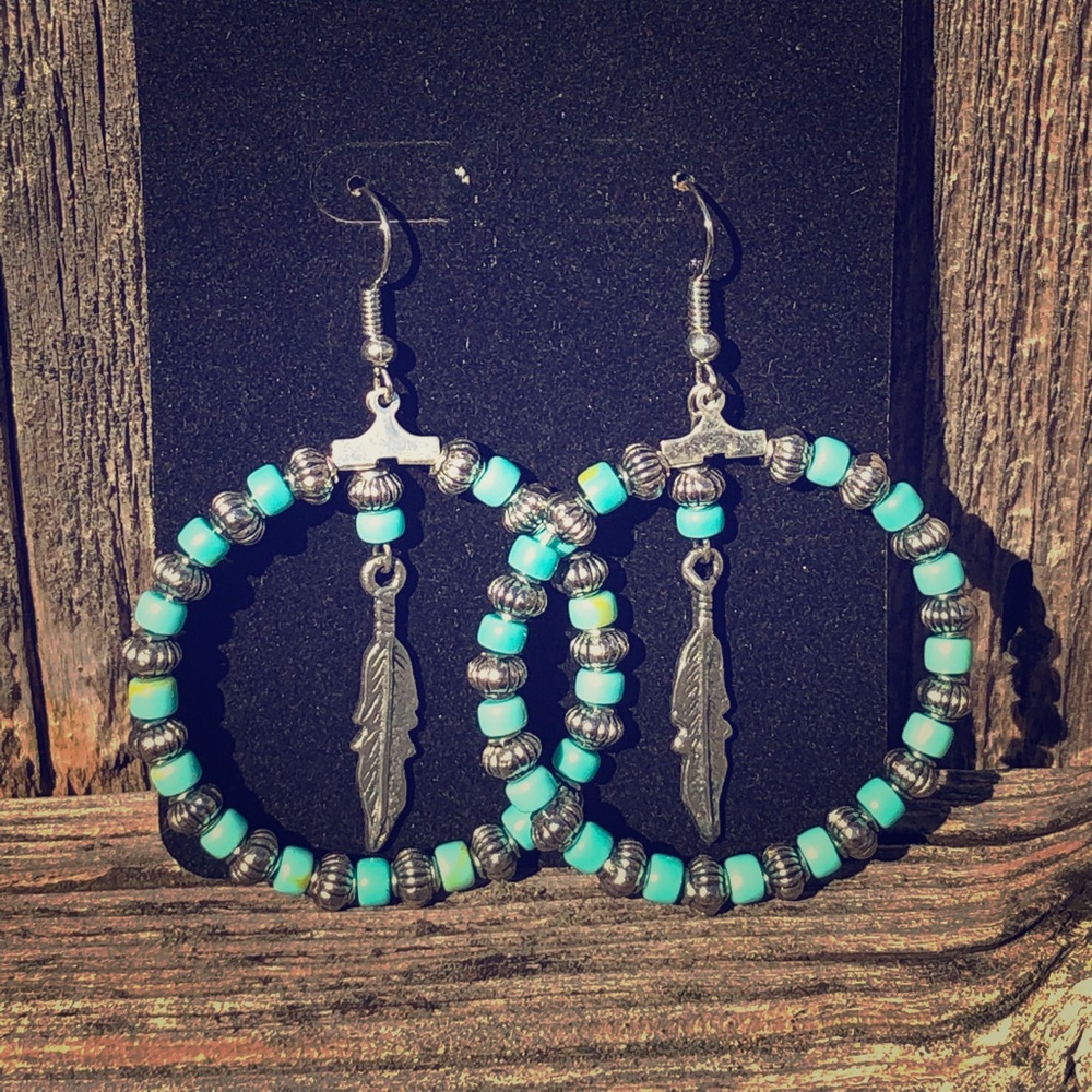 Handmade turquoise and silver hoops